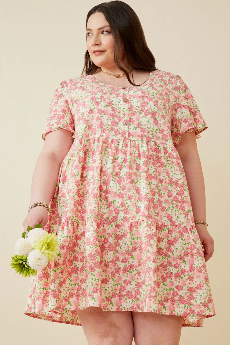 Vibrant Style Softly Structured Button Detail Textured Floral Dress