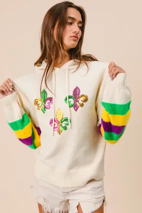 Business Attire IT3123-01 | MARDI GRAS STRIPES SLEEVE SEQUIN SWEATER HOODIE