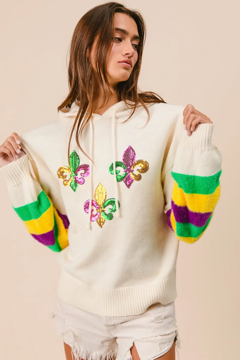 Business Attire IT3123-01 | MARDI GRAS STRIPES SLEEVE SEQUIN SWEATER HOODIE