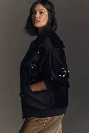 Eva Franco Jacket Velvet Floral Embroidered Bomber Jacket