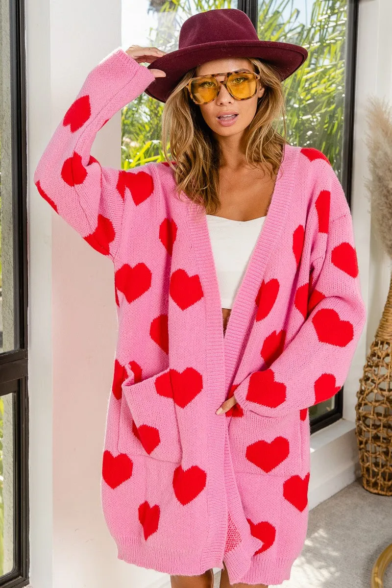 Smooth Finish All Day Style IP6449G-01 | HEART PATTERN LONG KNIT CARDIGAN WITH POCKETS