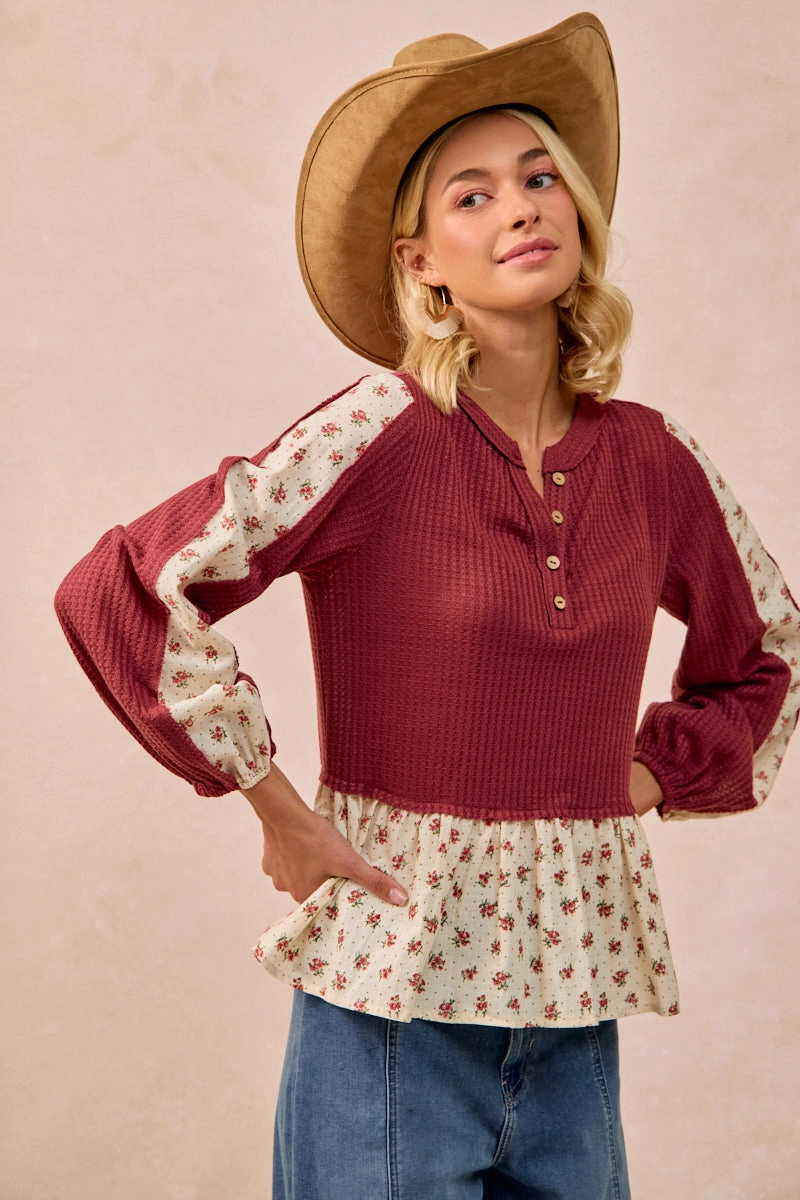 Chill Weather Casual Staple IT4469S-01 | WAFFLE WITH FLORAL WOVEN COMBO TOP