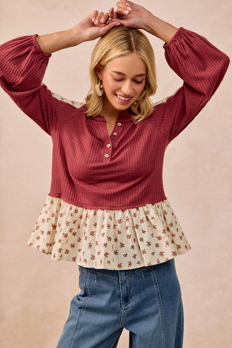 Minimal Detailing Layered Comfort Look IT4469S-01 | WAFFLE WITH FLORAL WOVEN COMBO TOP