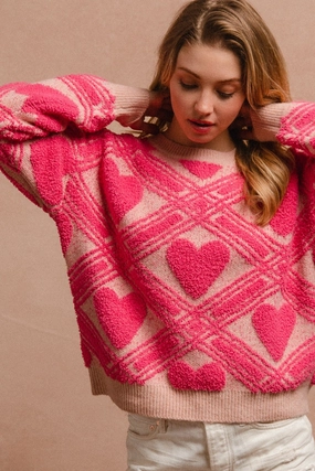 Soft Comfort IT1249S-12 | HEART PRINTED TEXTURED SWEATER TOP