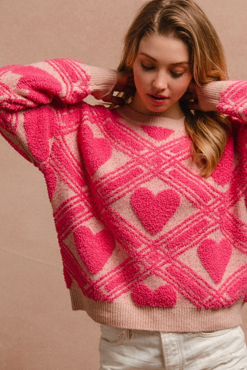 Soft Comfort IT1249S-12 | HEART PRINTED TEXTURED SWEATER TOP