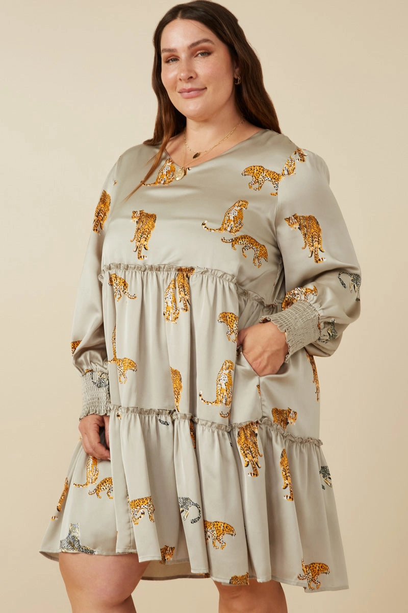 Work Option Classic sheath dress Leopard Printed Smocked Cuff V Neck Satin Dress