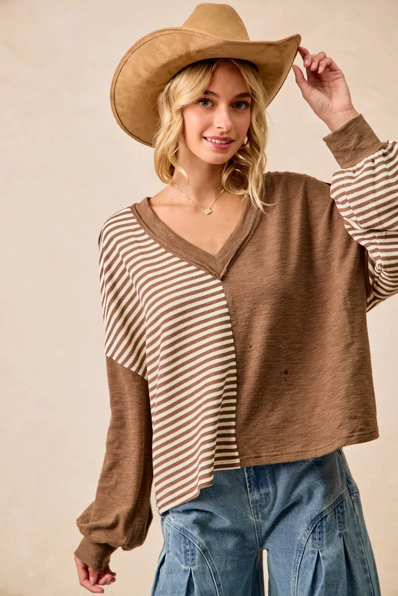 IT4731S-02 | SLUB KNIT WITH STRIPE COMBO V NECK TOP Stretch Cloth