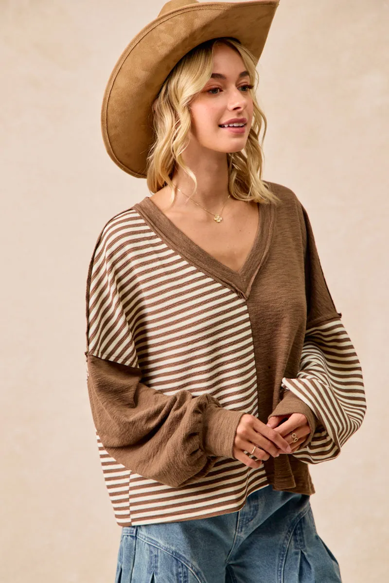 IT4731S-02 | SLUB KNIT WITH STRIPE COMBO V NECK TOP Cashmere Blend