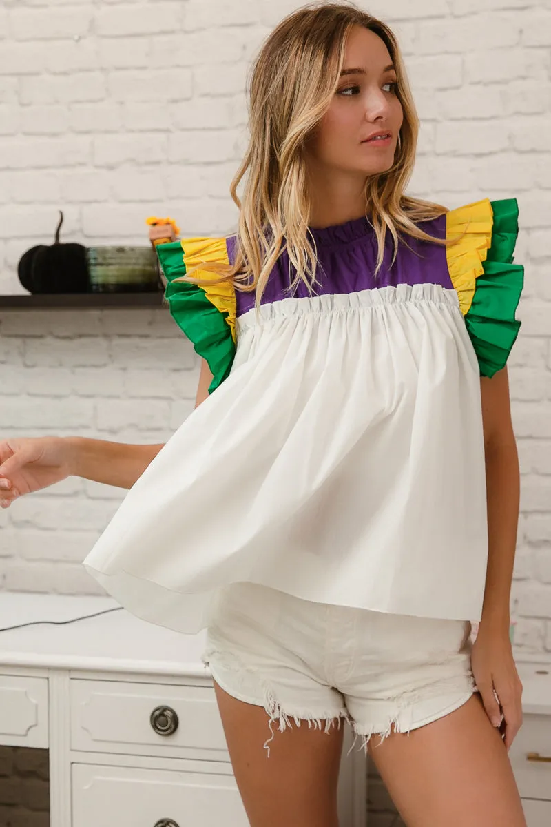 IP6831-09 | LAYERED RUFFLE SLEEVE MARDI GRAS TOP Modern Utility Comfy Waistband