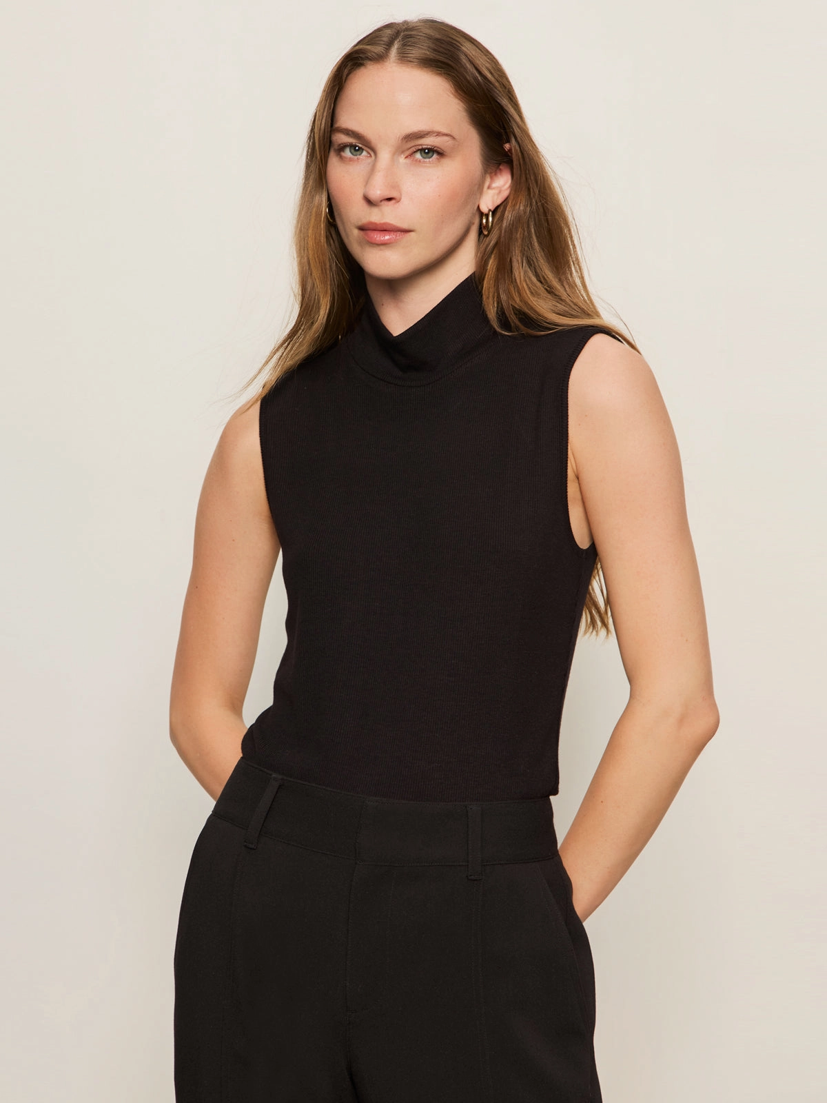 Essential Sleeveless Mock Neck Tank Black soft knit fabric