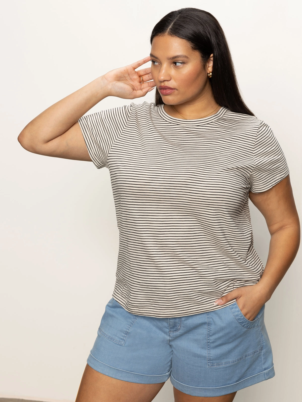 lightweight fabric The Perfect Tee Pumice Stone / Black Stripe Extended Sizing