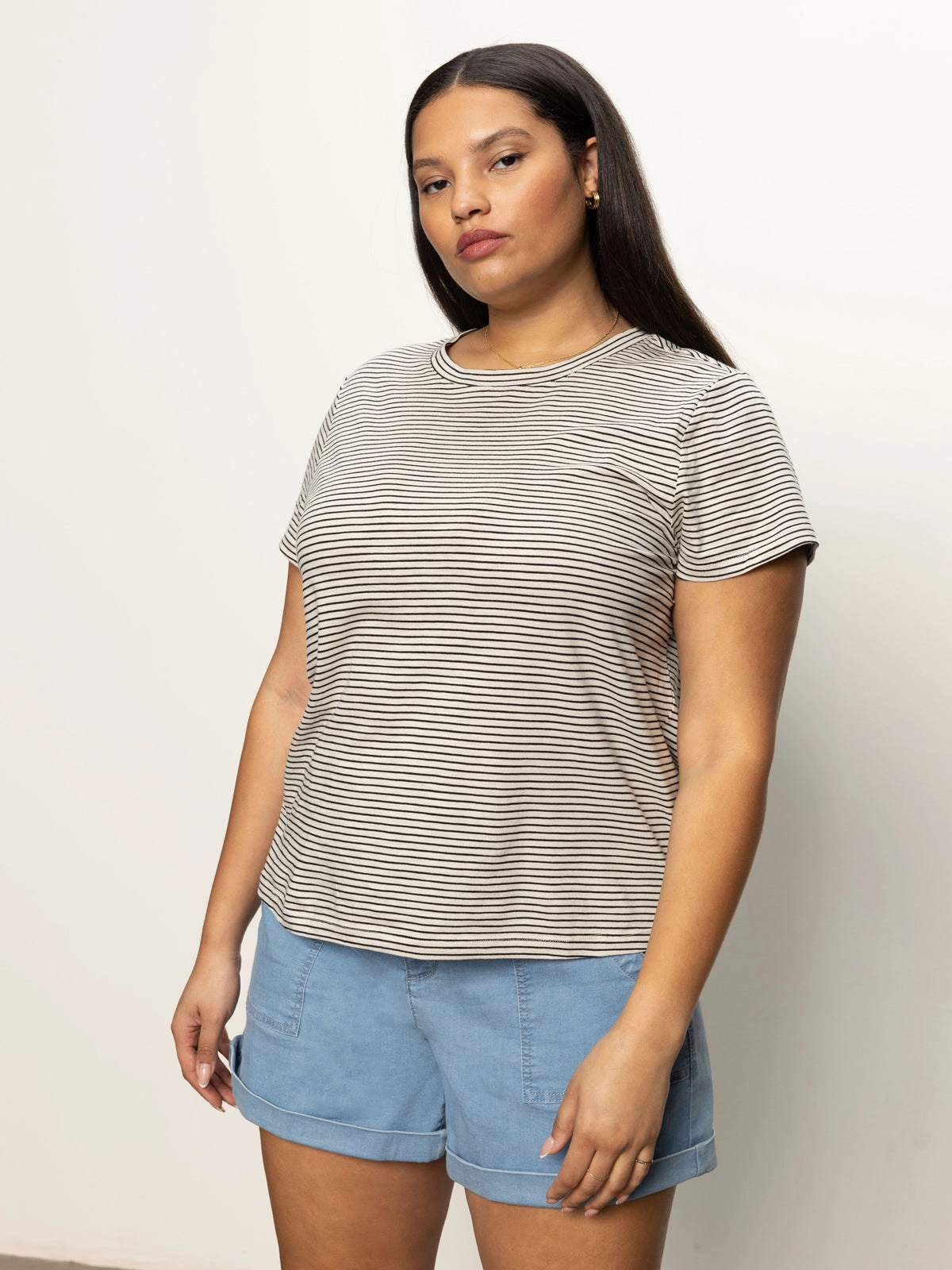 The Perfect Tee Pumice Stone / Black Stripe Extended Sizing Weekend Outfit Style Trendy Top