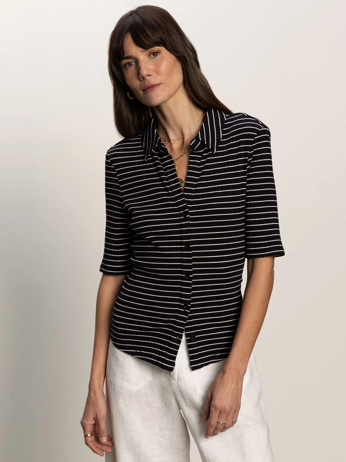 Lightweight Feel Half Sleeve Ribbed Knit Shirt Black Chalk Stripe