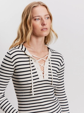 Lace Up Popover Sweater Black Macrame Stripe slim and flattering Neutral Tone