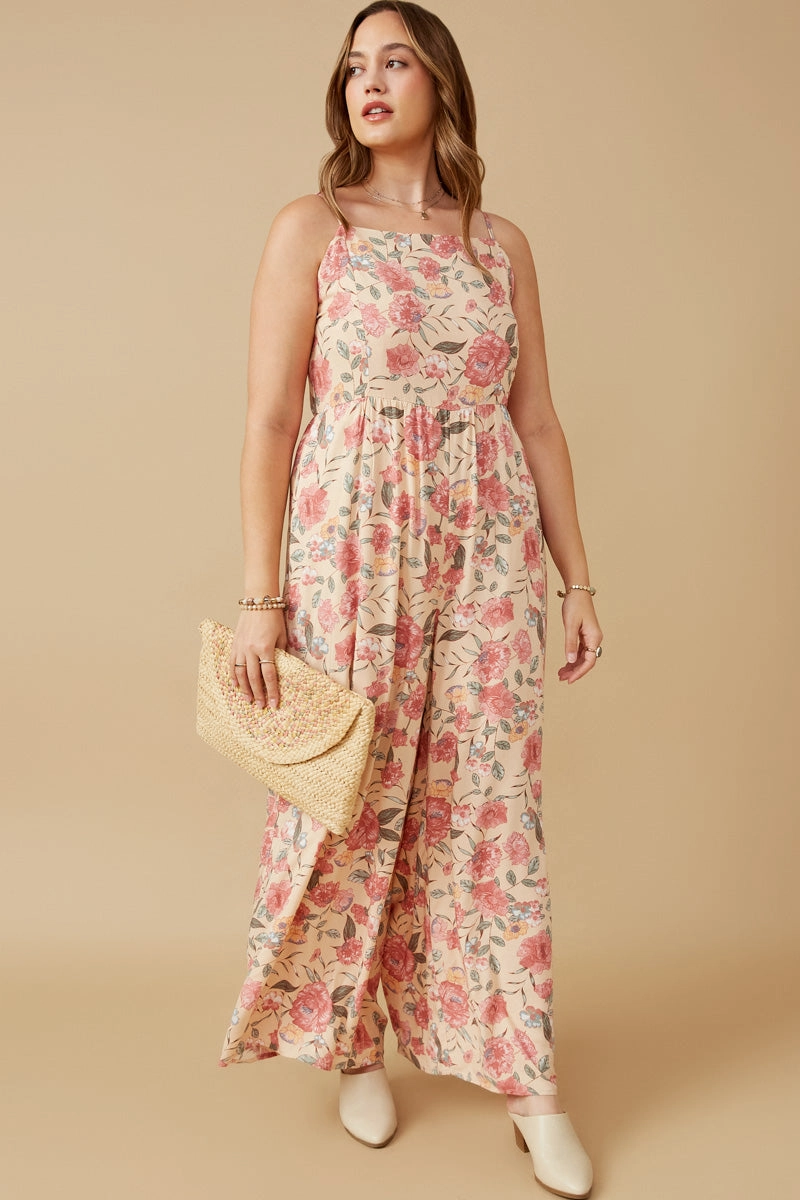 Romantic Floral Smocked Wide leg Jumpsuit Street Edge