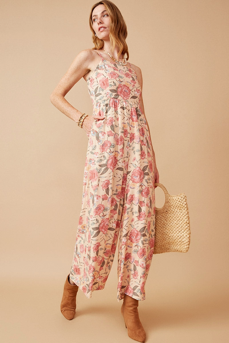 Romantic Floral Smocked Wide leg Jumpsuit Pop Texture