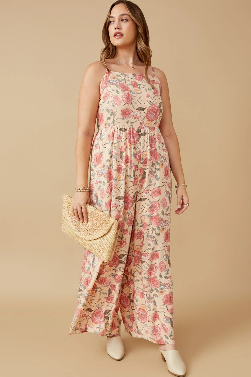 Romantic Floral Smocked Wide leg Jumpsuit Ruffle Hem