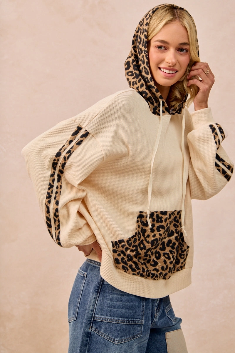 IT4472G-01 | WAFFLE THERMAL AND LEOPARD MIX AND MATCH HOODIE Street Comfort
