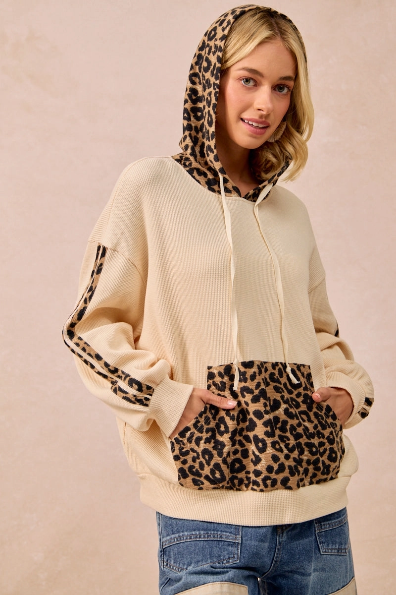 Long Sleeves IT4472G-01 | WAFFLE THERMAL AND LEOPARD MIX AND MATCH HOODIE