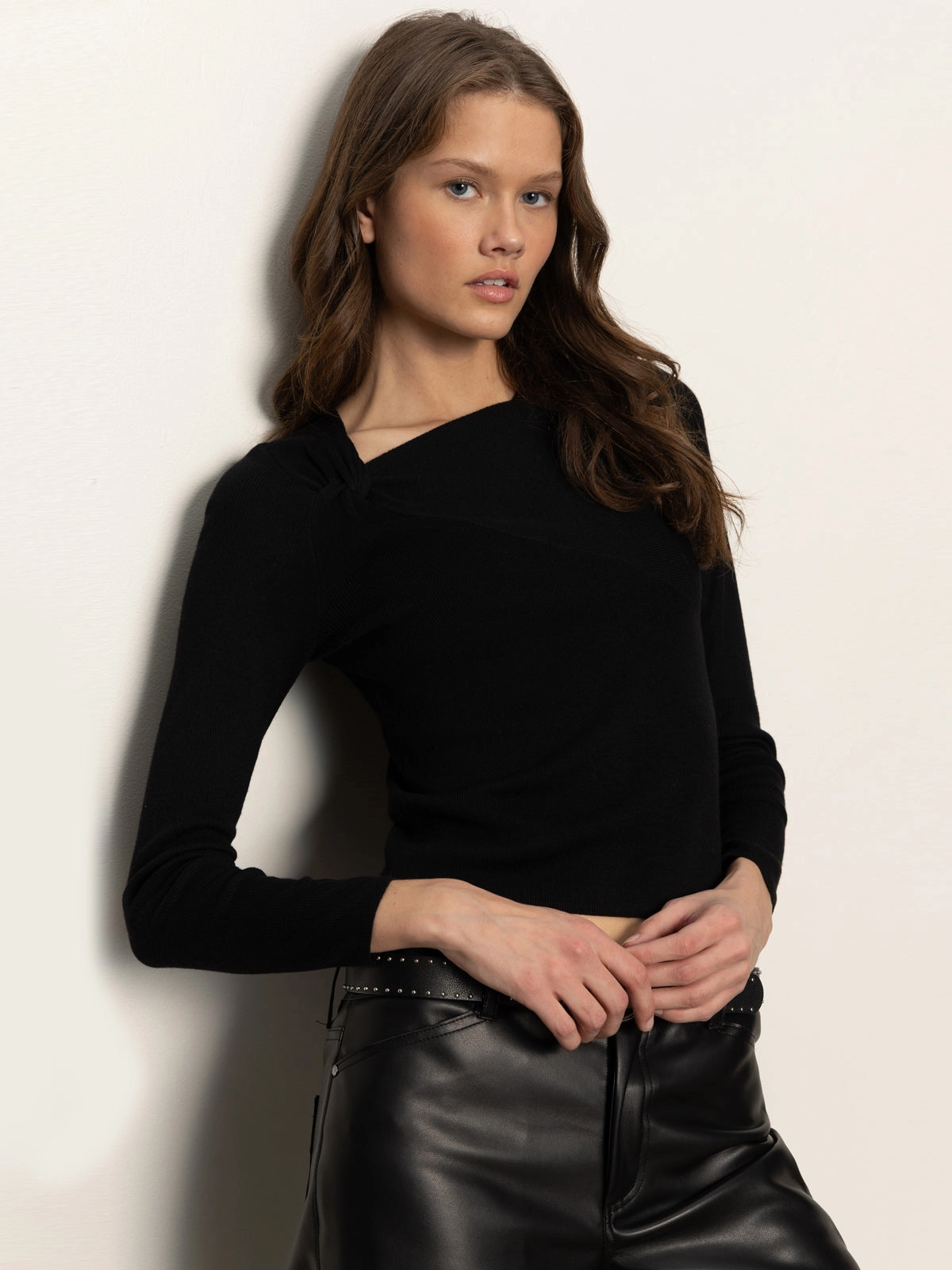 Long Sleeve Shoulder Twist Top Black Turtleneck