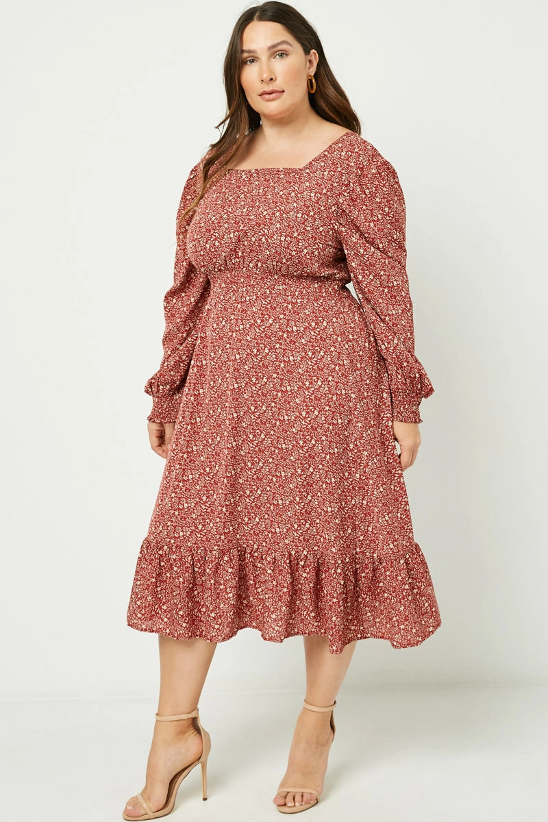 Long Sleeve Square Neck Midi Dress Printed-Lining