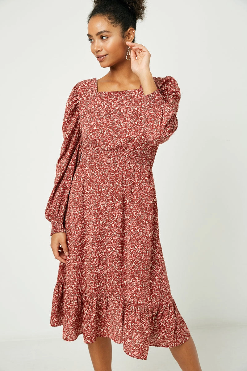 Romantic Style Refined touch Long Sleeve Square Neck Midi Dress