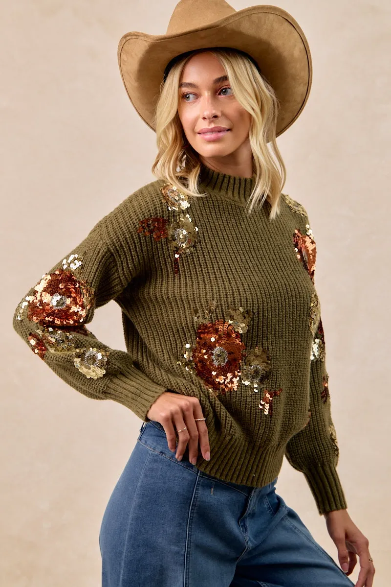 IT4723-01 | FLOWER SEQUIN EMBROIDERED SWEATER TOP MOCK NECK Classic Cut All Day Layering