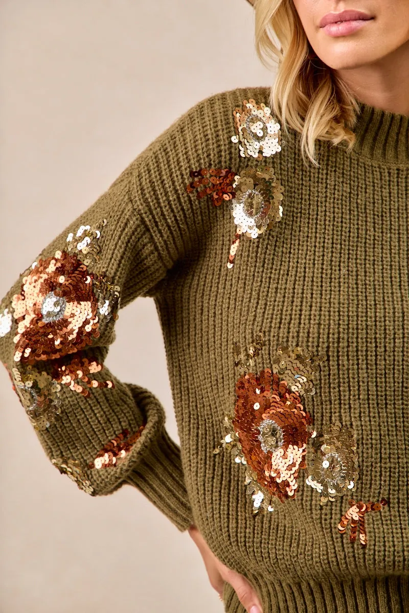 IT4723-01 | FLOWER SEQUIN EMBROIDERED SWEATER TOP MOCK NECK Stylish Layer Outdoor Adventure