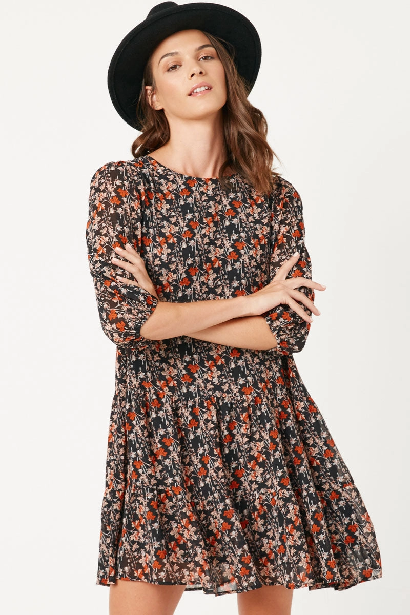 Hip-Flattering Long Sleeve Botanical Print Chiffon Dress