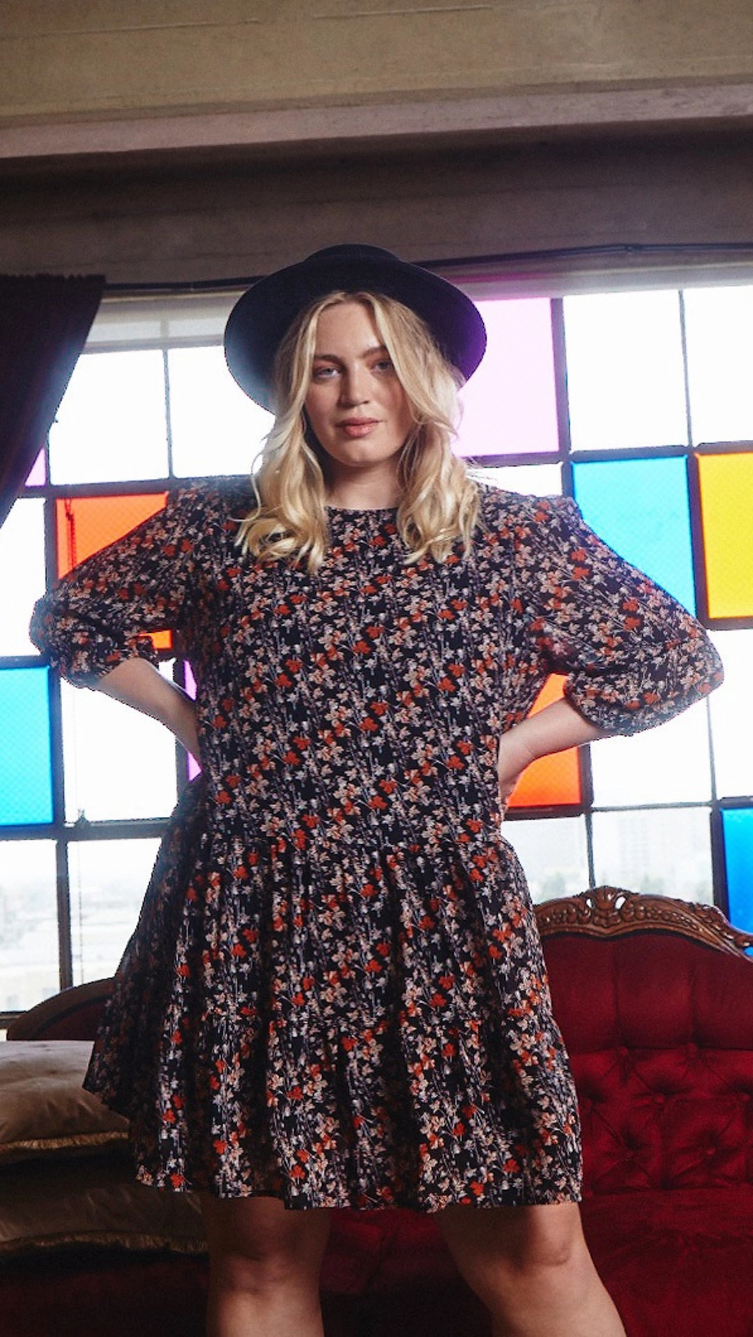 Long Sleeve Botanical Print Chiffon Dress All Season