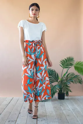 Lukas Cropped Wide Leg Pant With Paperbag Waist- Rio Flora Cozy Fit