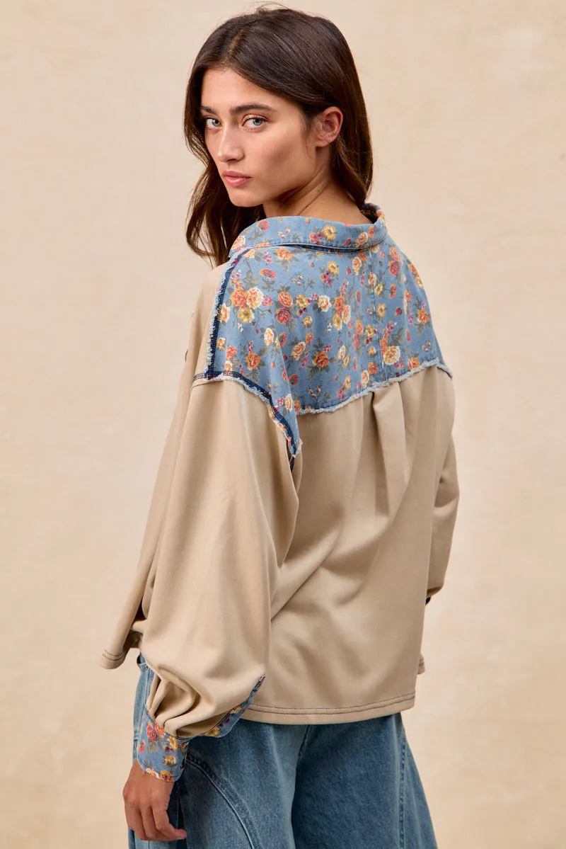 IT4674G-01 | CUT EDGE FLORAL DENIM TERRY MIX AND MATCH TOP Simple Outer Sleek Utility