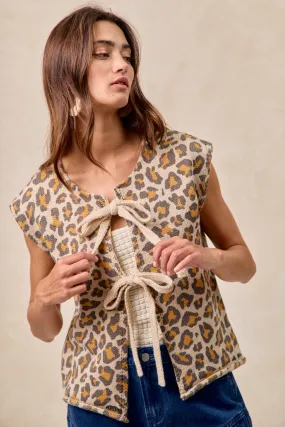 IT4321R-02 | LEOPARD BOW TIED CLOSURE SWEATER VEST Soft Lined Interior Crisp Clean Fit
