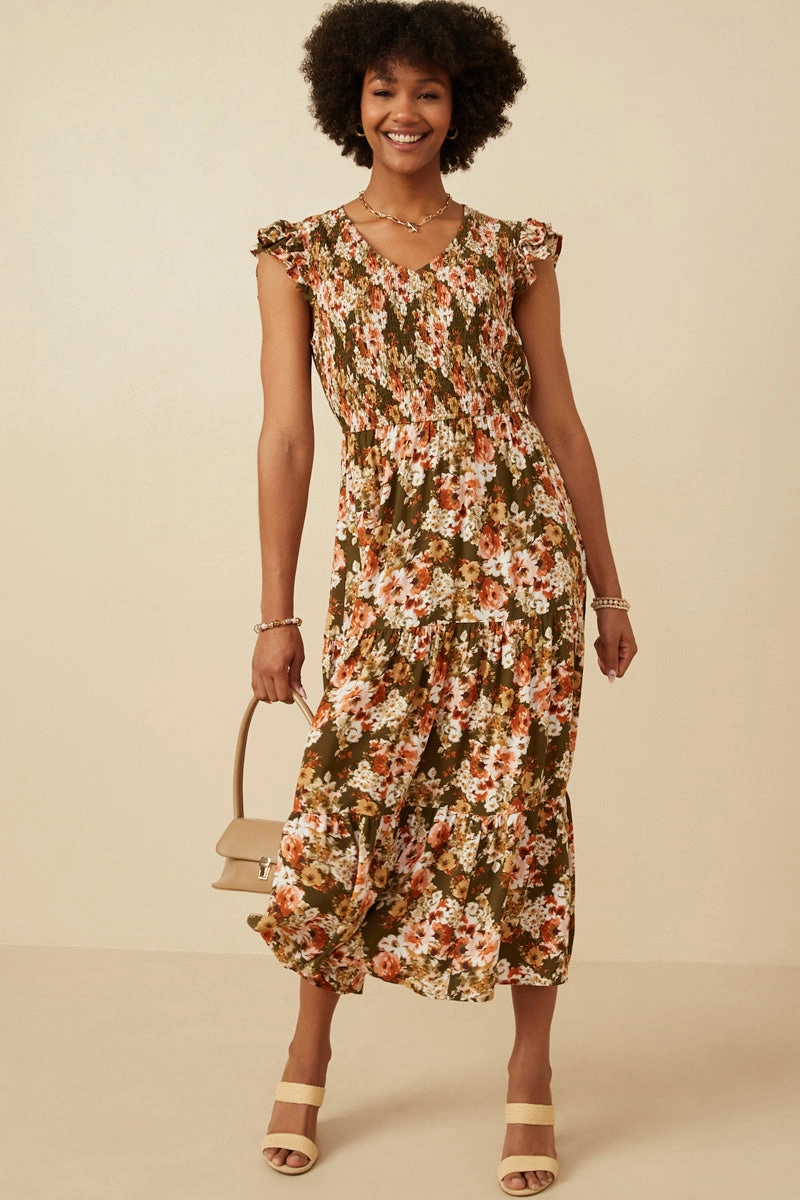 One Piece Look Lounge Outfit Floral Smocked V Neck Ruffled Tank Dress