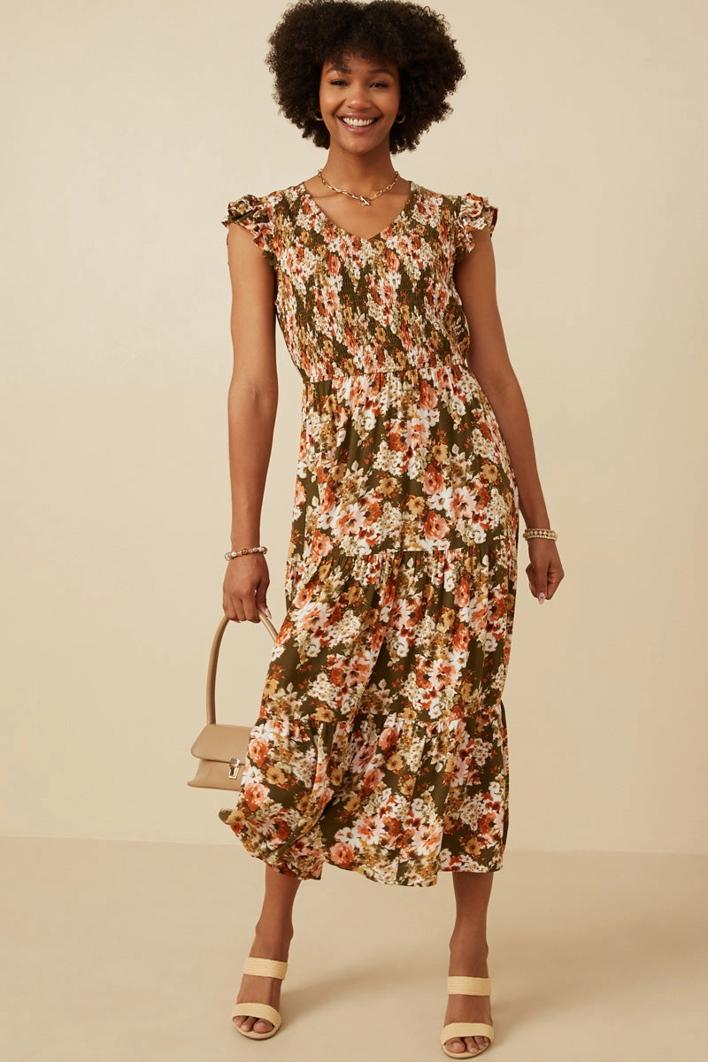 Floral Smocked V Neck Ruffled Tank Dress Festival-Ready Evening Event