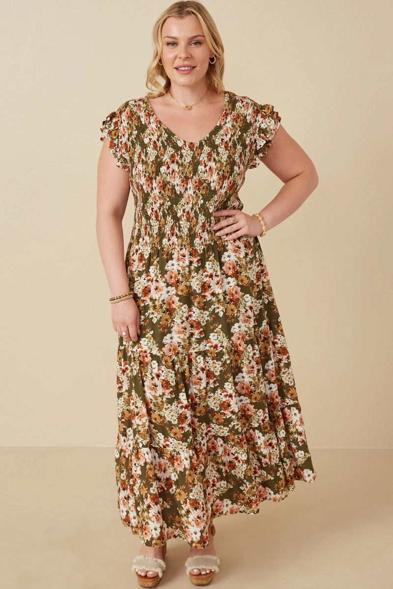 Floating Shape Floral Smocked V Neck Ruffled Tank Dress