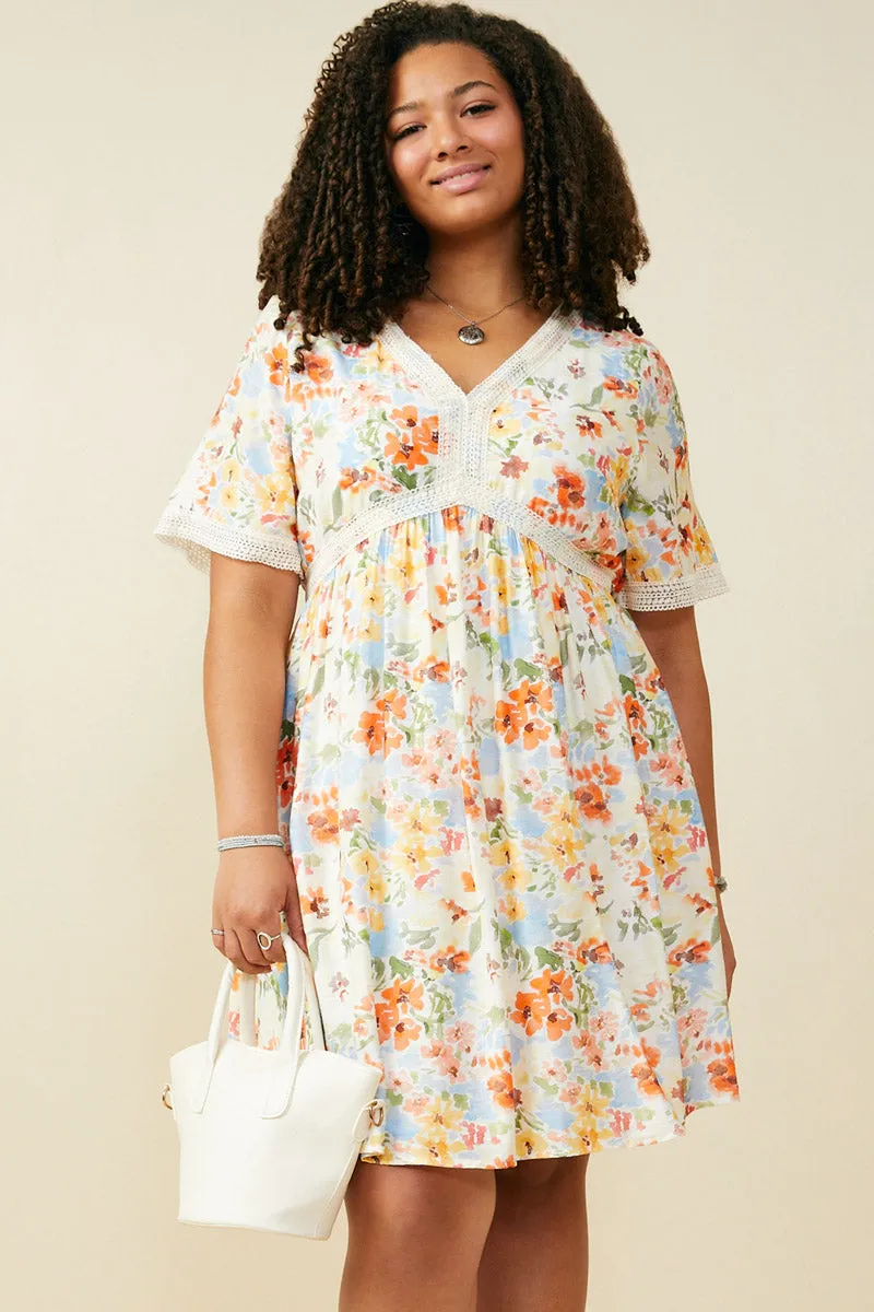 Low Maintenance Lace Trimmed Floral V Neck Dress