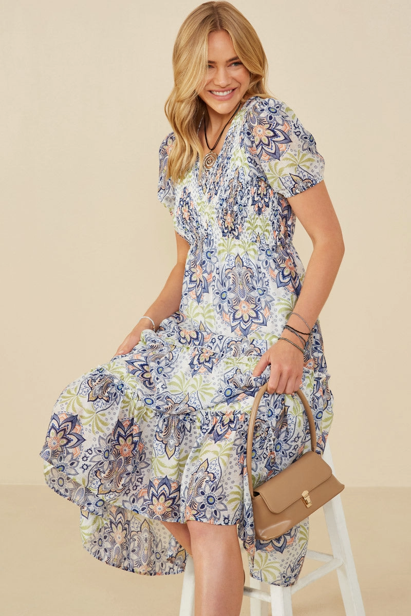 Mandala Print Chevron Smocked Dress Subtle design Soft Outfit