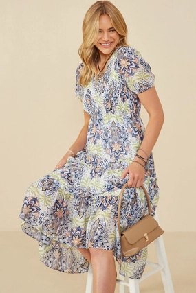 Mandala Print Chevron Smocked Dress Bow Soft