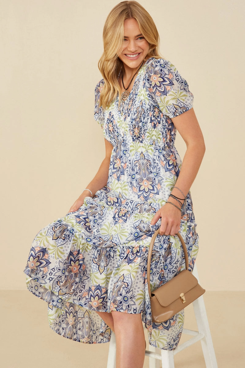 Mandala Print Chevron Smocked Dress A-Line