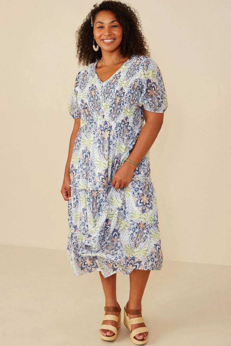 Casual Lines Simple Fit Mandala Print Chevron Smocked Dress