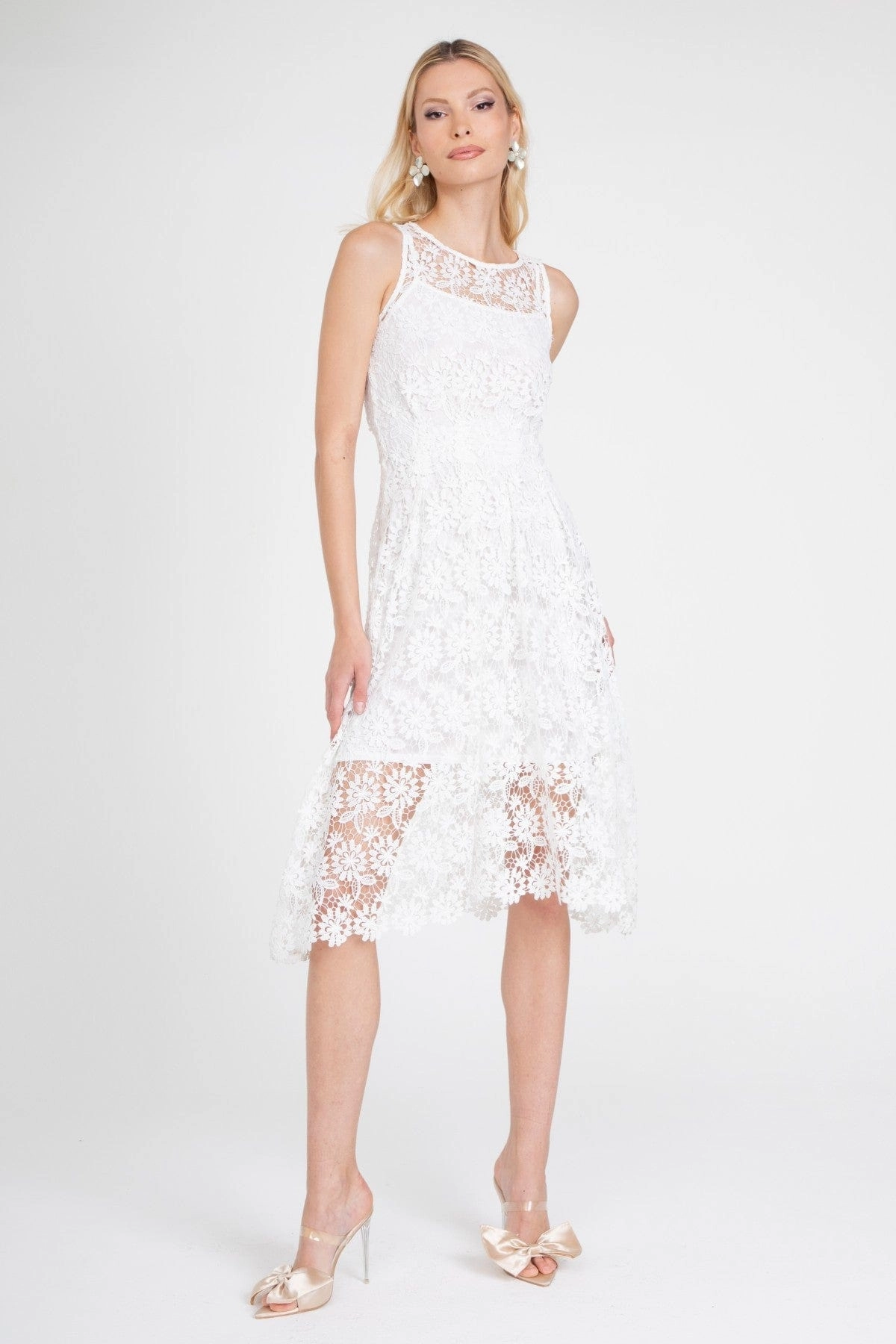 Matching Belt White Lace Midi Dress with Slip