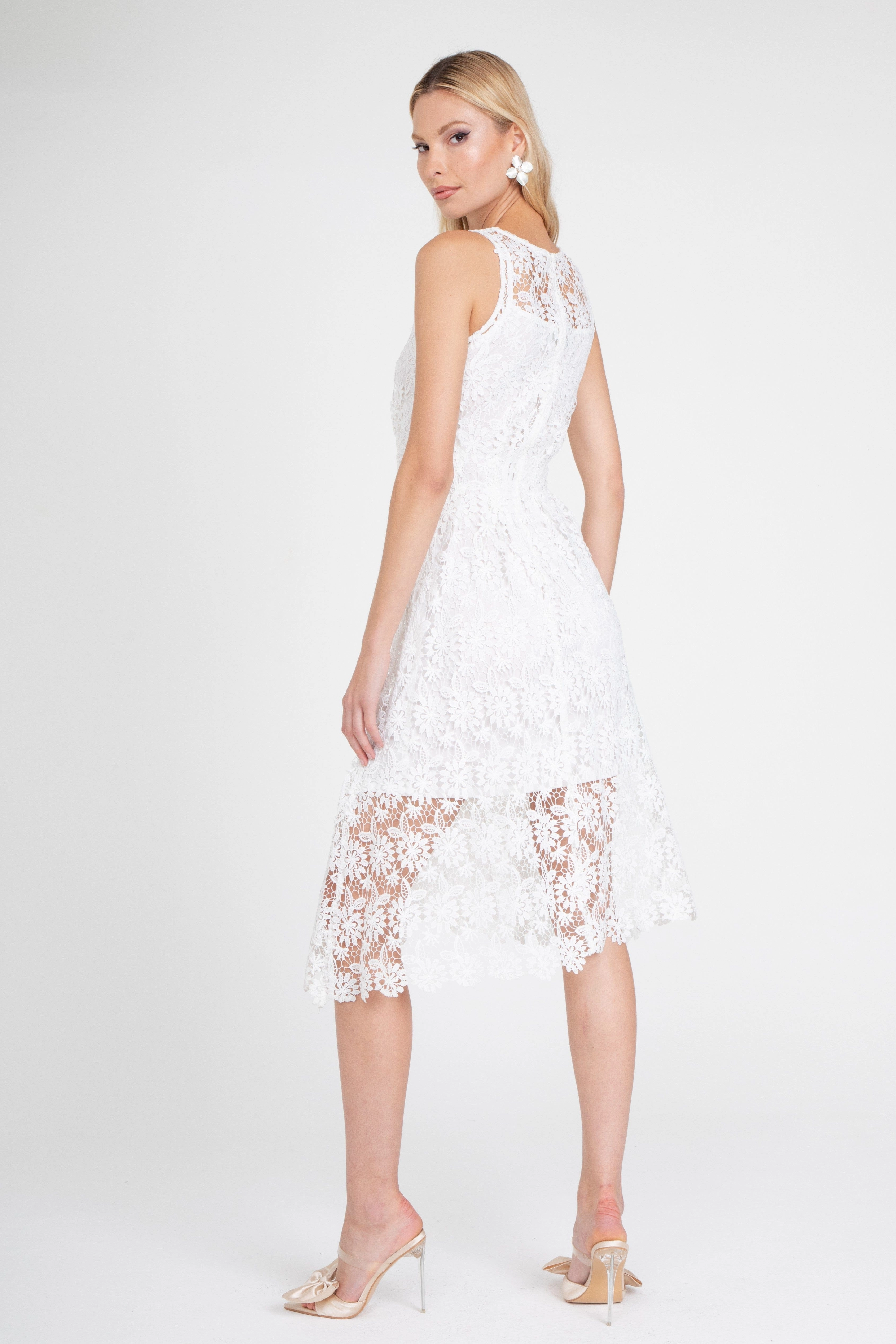 Matching Belt White Lace Midi Dress with Slip