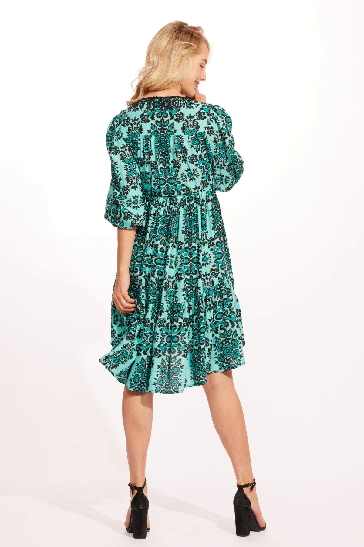 Melanie Dress - Mandala Teal Back Drape