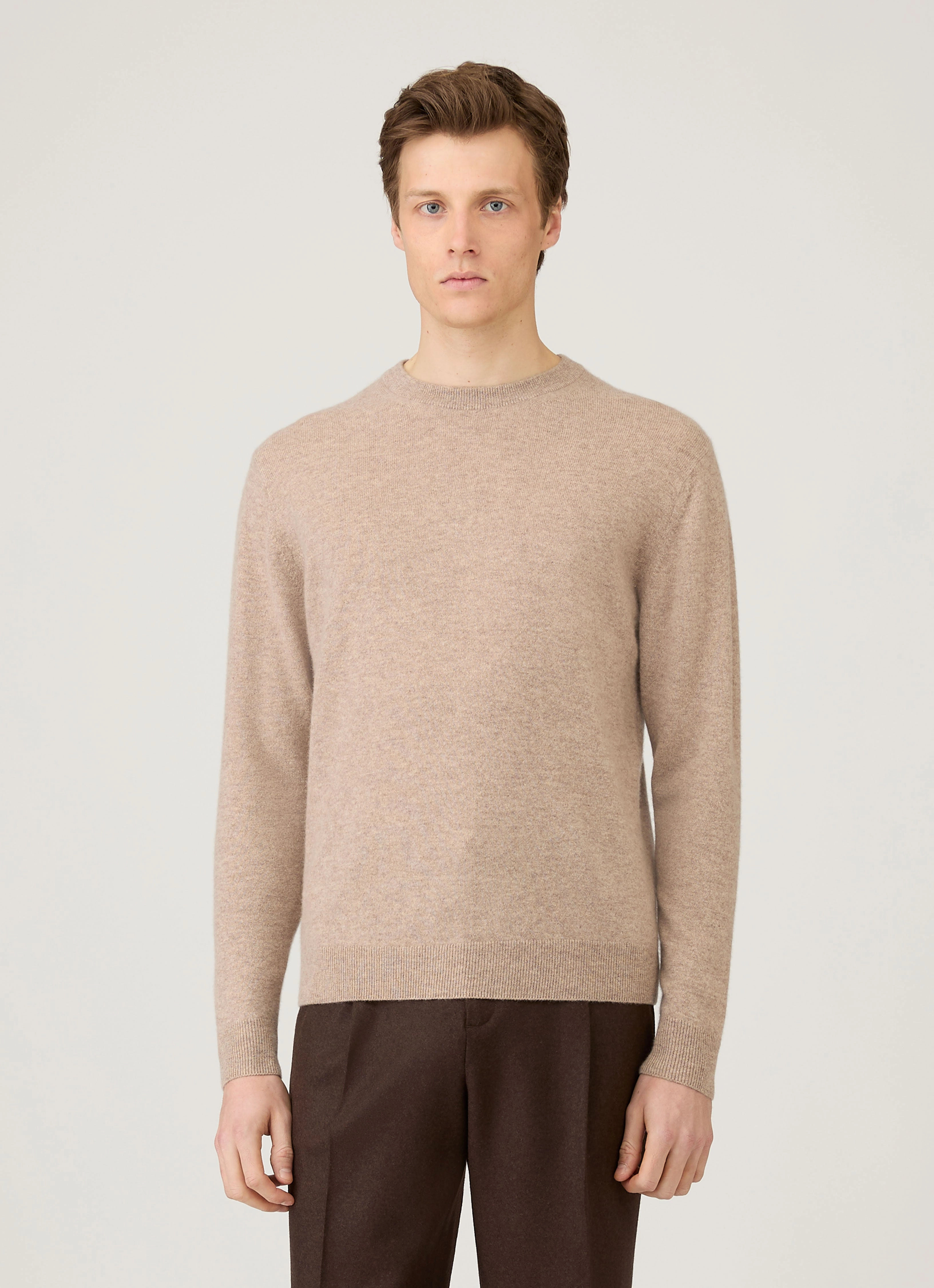 Men's Cashmere Crew Neck Jumper in Oatmeal Melange Non-shedding