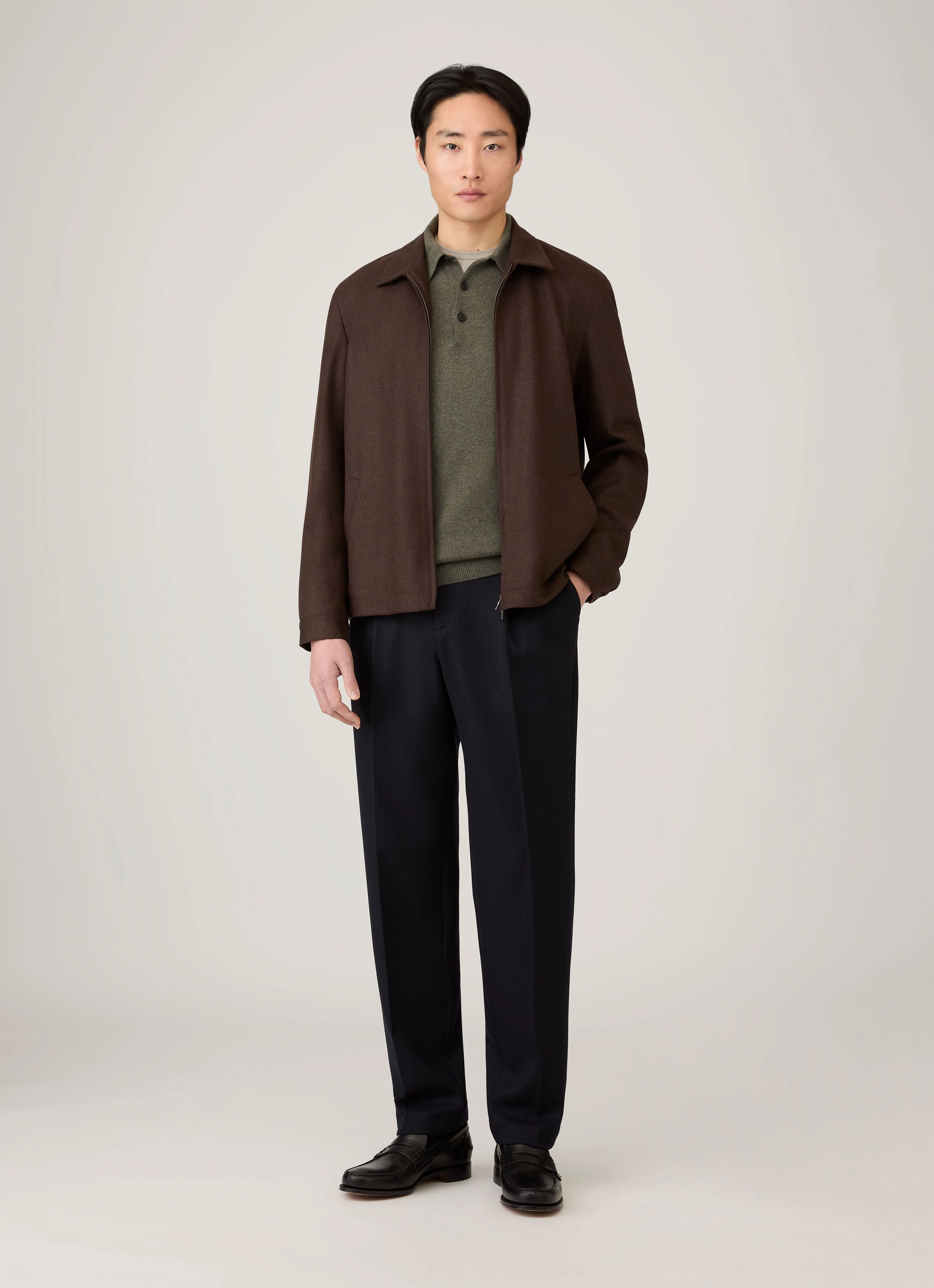 Men's Cashmere Polo Shirt in Khaki Frayed Design