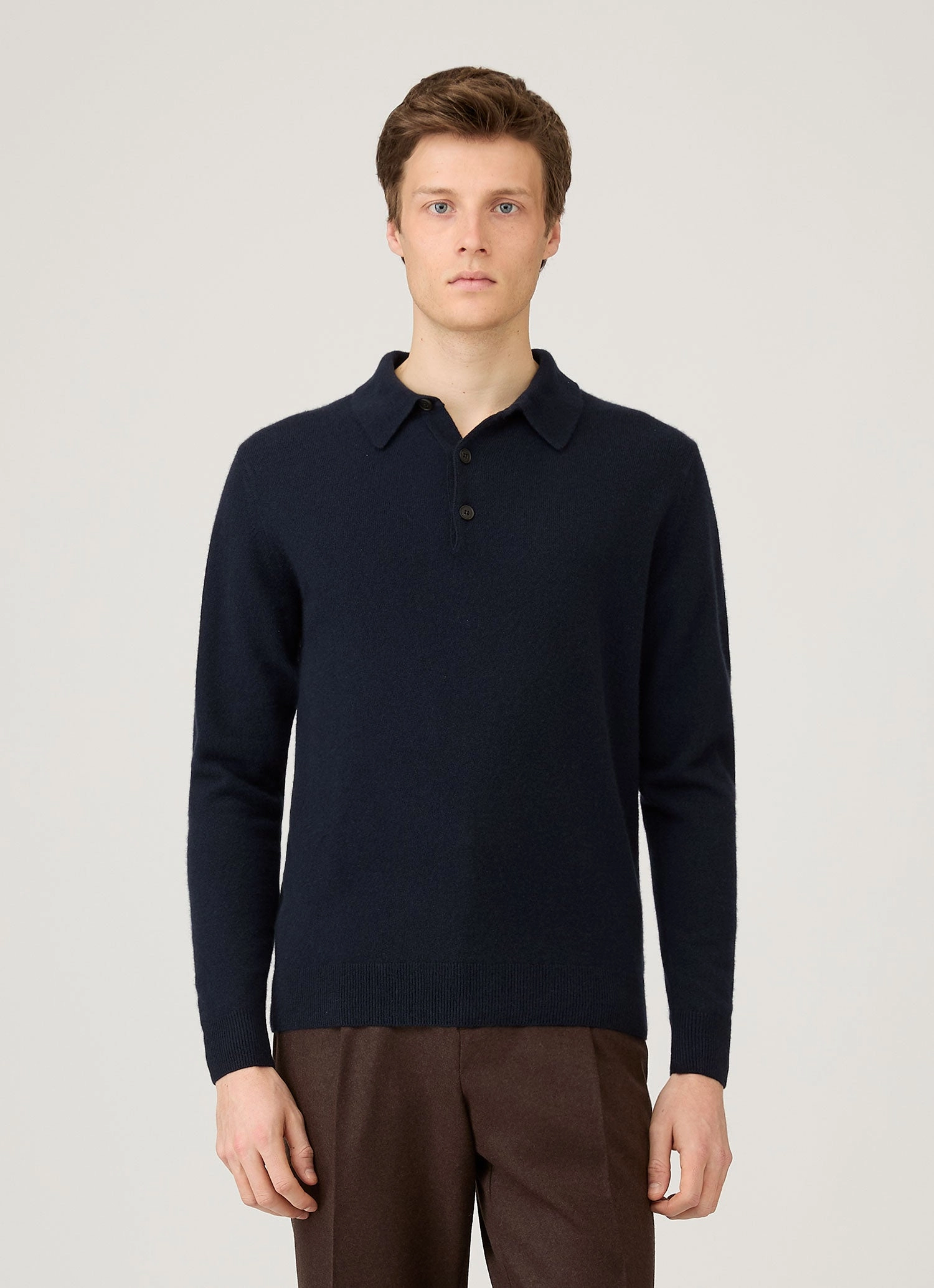 Men's Cashmere Polo Shirt in Navy Turn-down Collar