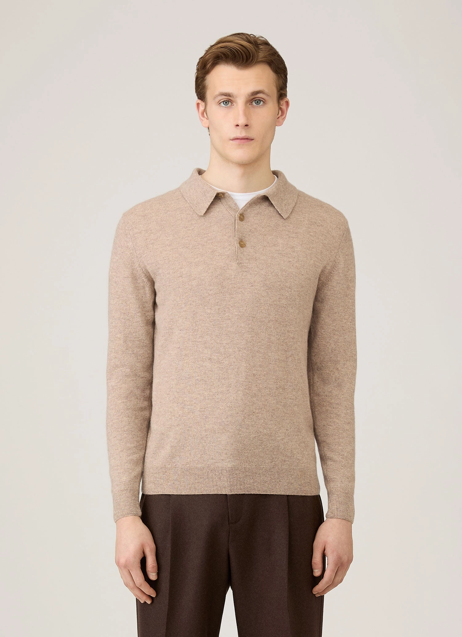 Men's Cashmere Polo Shirt in Oatmeal Melange Tall-enhancing
