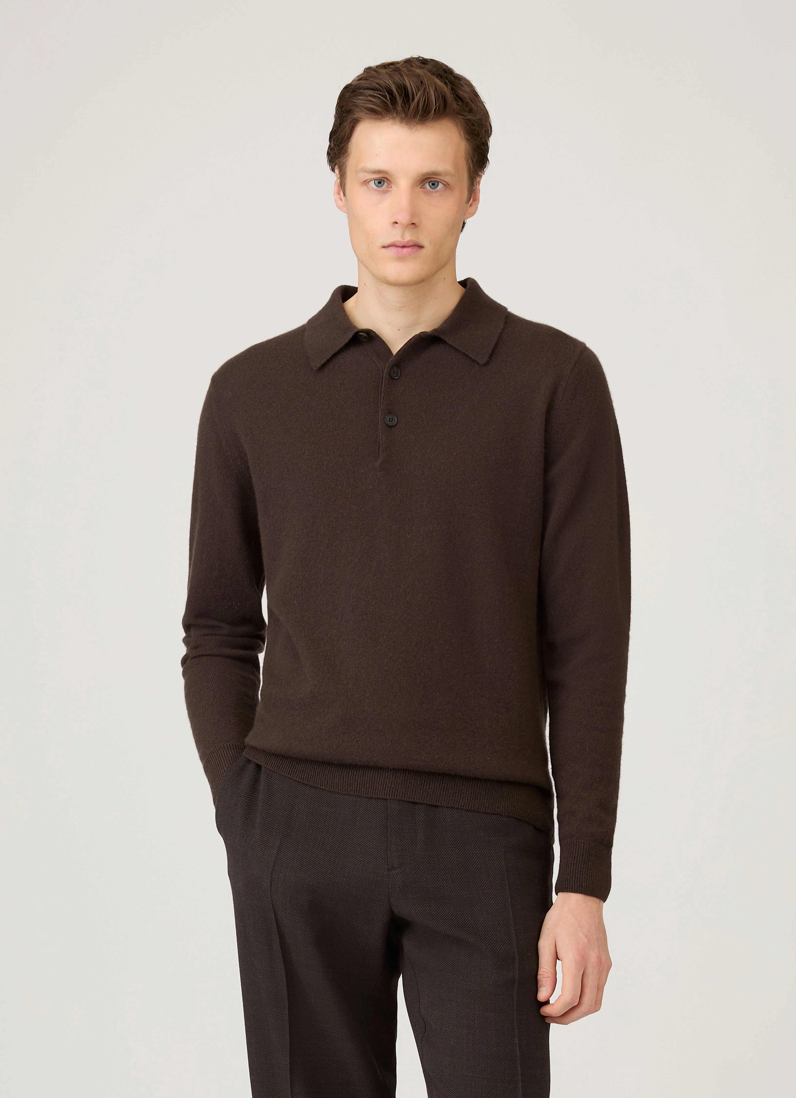 Men's Cashmere Polo Shirt in Truffle Combed Cotton