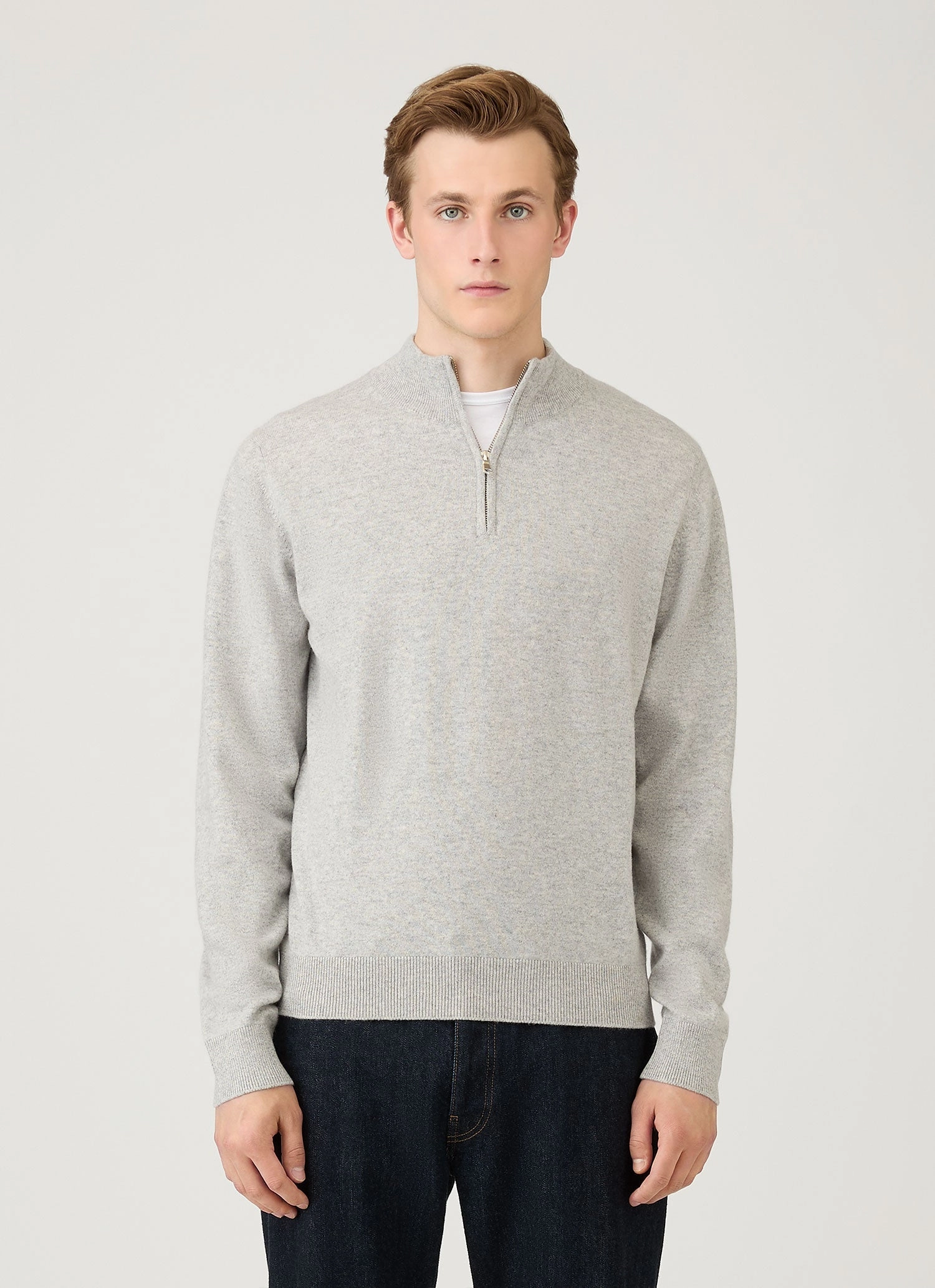 Men's Cashmere Zip Neck Jumper in Grey Melange Slim Slimming